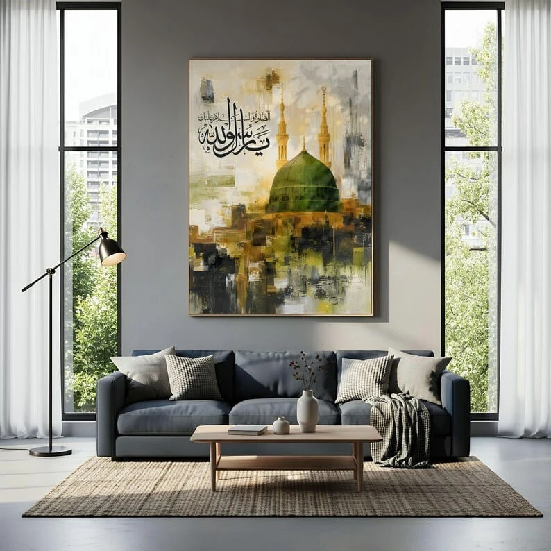 Quadro Ya Rasool Allah con la cupola verde di Medina sopra un divano grigio